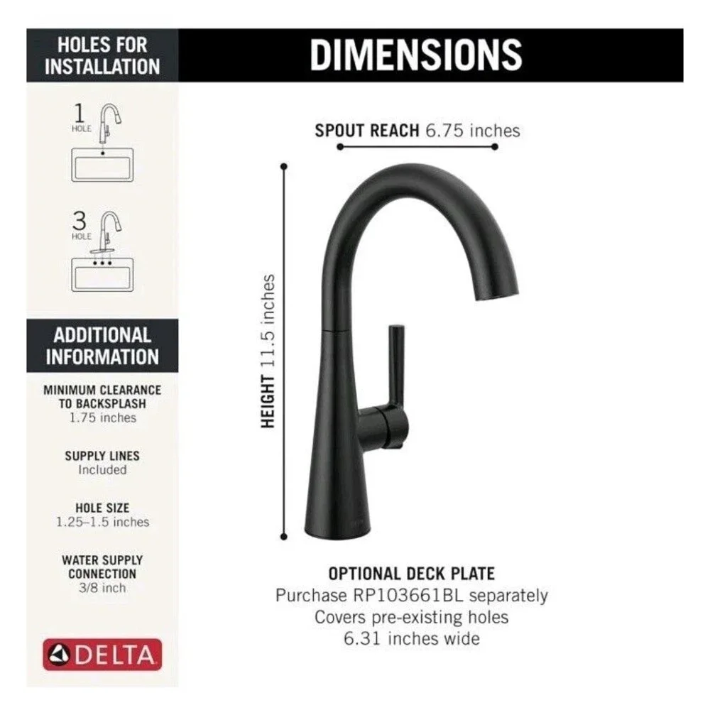 Delta Modern Matte Black Single Hole Bar Sink Faucet 14882LF-BL